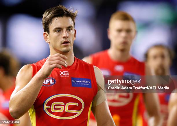 Jarryd Lyons of the Suns looks dejected after a loss during the 2018 AFL round 16 match between the North Melbourne Kangaroos and the Gold Coast Suns...