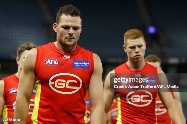 Steven May of the Suns looks dejected after a loss during the 2018 AFL round 16 match between the North Melbourne Kangaroos and the Gold Coast Suns...