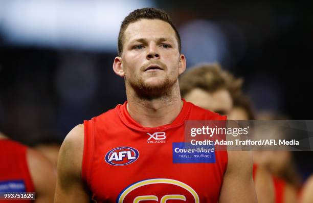 Steven May of the Suns looks dejected after a loss during the 2018 AFL round 16 match between the North Melbourne Kangaroos and the Gold Coast Suns...