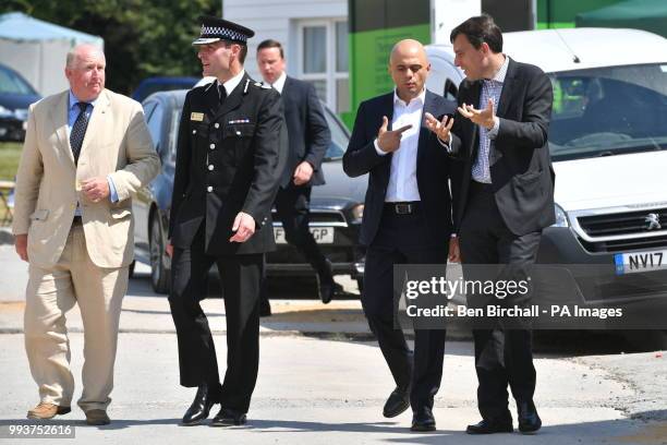 Home Secretary Sajid Javid meets police officers at Muggleton Road in Amesbury, Wiltshire, where counter-terrorism officers are investigating after a...