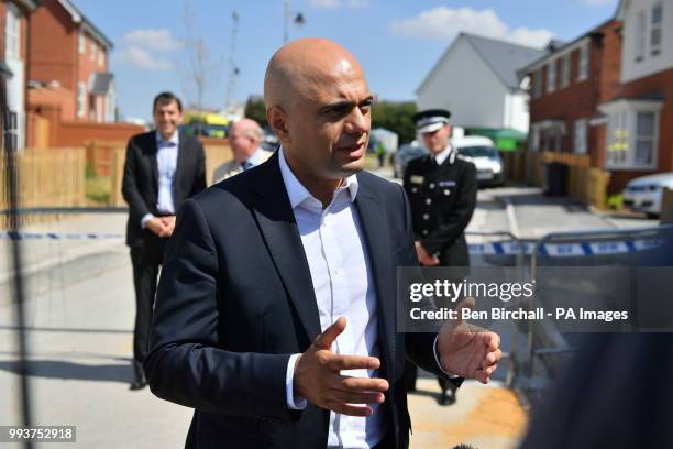 Home Secretary Sajid Javid speaks to the media at Muggleton Road in Amesbury, Wiltshire, where counter-terrorism officers are investigating after a...