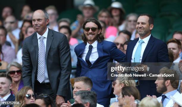 Golfers Matt Kuchar,Tommy Fleetwood and Sergio Garcia in the Royal box on Centre Court at All England Lawn Tennis and Croquet Club on July 7, 2018 in...