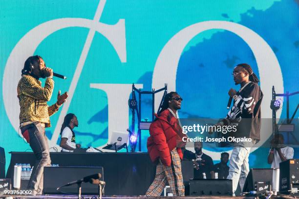 Offset, Takeoff and Quavo of Migos perform on Day 2 of Wireless Festival 2018 at Finsbury Park on July 7, 2018 in London, England.