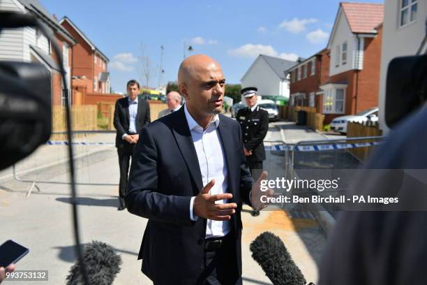 Home Secretary Sajid Javid speaks to the media at Muggleton Road in Amesbury, Wiltshire, where counter-terrorism officers are investigating after a...