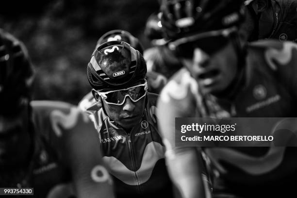 Colombia's Nairo Quintana rides with his teammates during a training session of Spain's Movistar Team cycling team on July 6, 2018 between Cholet and...