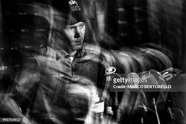 Great Britain's Christopher Froome attends a press conference of Team Sky, on July 4, 2018 in Saint-Mars-la-Reorthe, western France, three days prior...