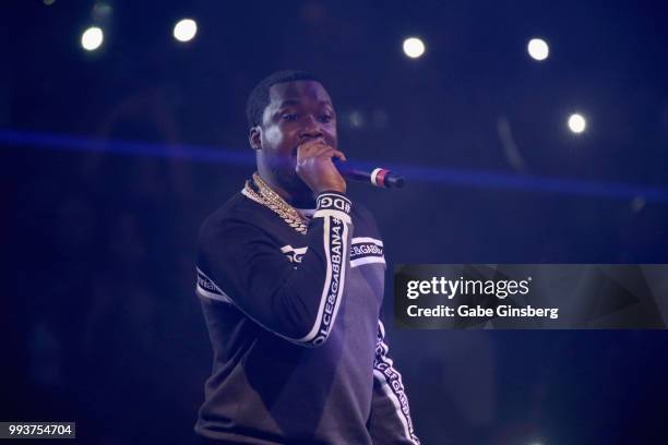 Meek Mill performs during the debut of his residency at Drai's Beach Club - Nightclub at The Cromwell Las Vegas on July 8, 2018 in La Vegas, Nevada.