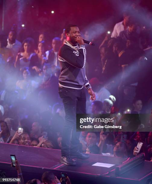 Meek Mill performs during the debut of his residency at Drai's Beach Club - Nightclub at The Cromwell Las Vegas on July 8, 2018 in La Vegas, Nevada.