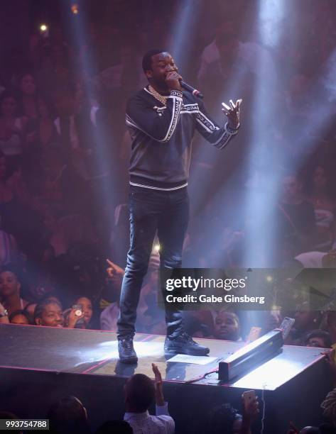 Meek Mill performs during the debut of his residency at Drai's Beach Club - Nightclub at The Cromwell Las Vegas on July 8, 2018 in La Vegas, Nevada.