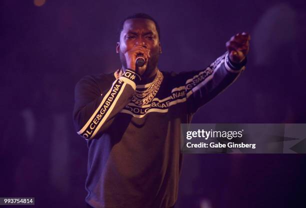 Meek Mill performs during the debut of his residency at Drai's Beach Club - Nightclub at The Cromwell Las Vegas on July 8, 2018 in La Vegas, Nevada.