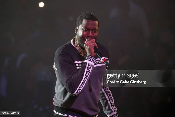 Meek Mill performs during the debut of his residency at Drai's Beach Club - Nightclub at The Cromwell Las Vegas on July 8, 2018 in La Vegas, Nevada.