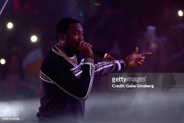 Meek Mill performs during the debut of his residency at Drai's Beach Club - Nightclub at The Cromwell Las Vegas on July 8, 2018 in La Vegas, Nevada.
