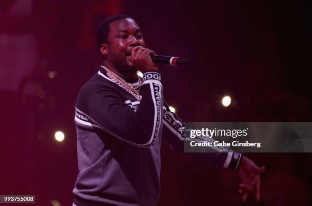 Meek Mill performs during the debut of his residency at Drai's Beach Club - Nightclub at The Cromwell Las Vegas on July 8, 2018 in La Vegas, Nevada.