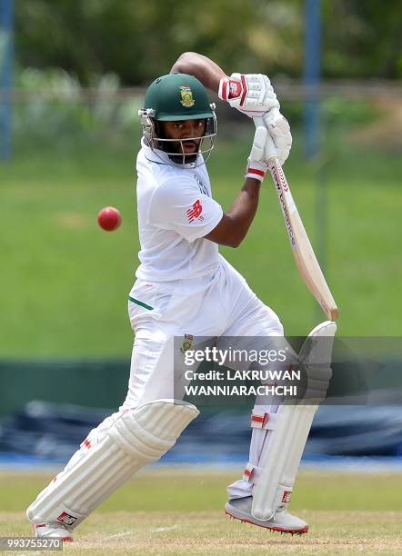 Temba Bavuma of South Africa plays a shot during the second day of a two-day practice match between the Sri Lanka Board XI and South African team in...