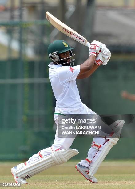 Temba Bavuma of South Africa plays a shot during the second day of a two-day practice match between the Sri Lanka Board XI and South African team in...