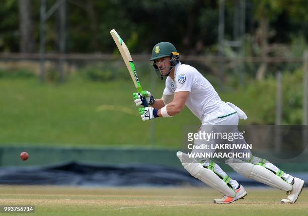 Faf du Plessis of South Africa plays a shot during the second day of a two-day practice match between the Sri Lanka Board XI and South African team...