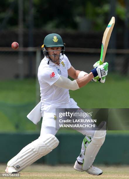 Faf du Plessis of South Africa plays a shot during the second day of a two-day practice match between the Sri Lanka Board XI and South African team...