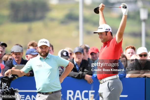 Andy Sullivan of England and Jon Rahm of Spain wait on the 1st tee during the final round of the Dubai Duty Free Irish Open at Ballyliffin Golf Club...