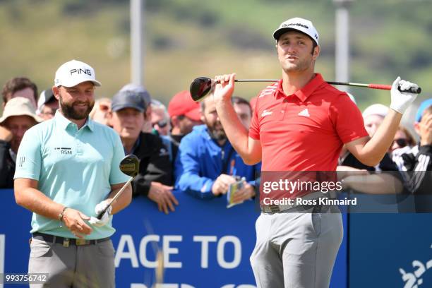 Andy Sullivan of England and Jon Rahm of Spain wait on the 1st tee during the final round of the Dubai Duty Free Irish Open at Ballyliffin Golf Club...