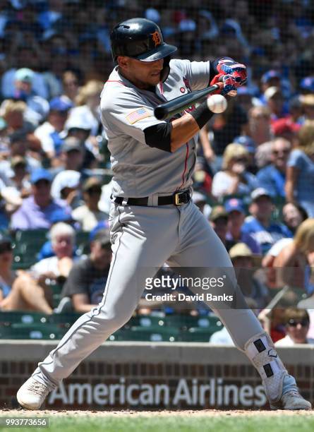Jose Iglesias of the Detroit Tigers bats against the Chicago Cubs on July 4, 2018 at Wrigley Field in Chicago, Illinois. The Cubs won 5-2.