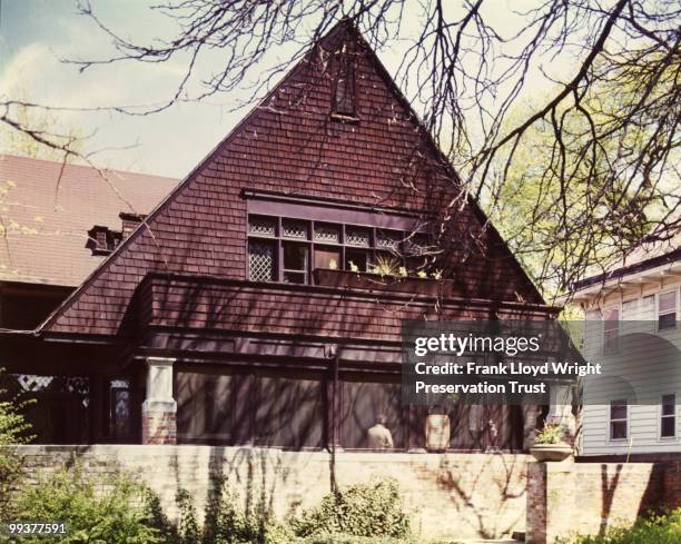 West facade of Home with 1911 front porch enclosure, at the Frank Lloyd Wright Home and Studio, located at 951 Chicago Avenue, Oak Park, Illinois,...