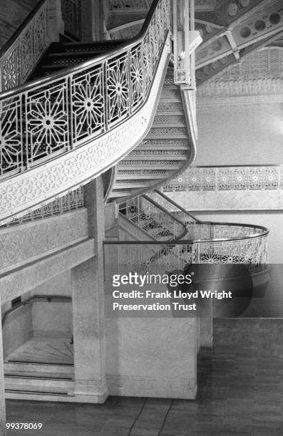 Detail of Rookery Building lobby staircase with Frank Lloyd Wright's 1905 alterations, Chicago, Illinois, undated.