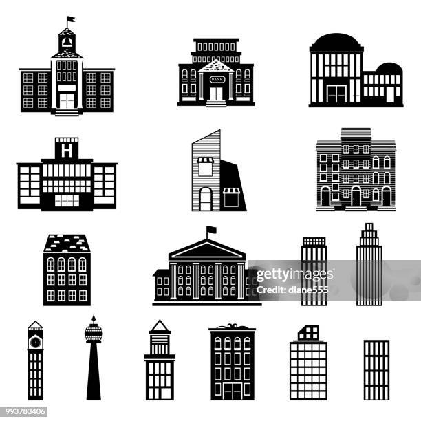 simple silhouette buildings - school building silhouette stock illustrations