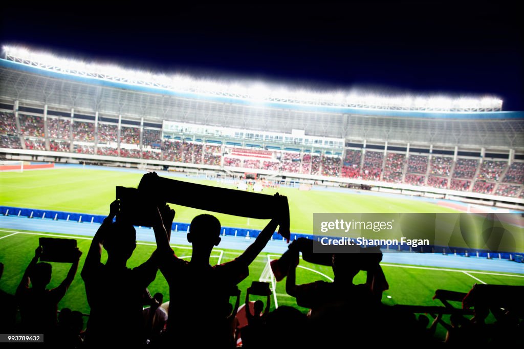Passionate fans cheer and raise banners at a sporting event in the stadium