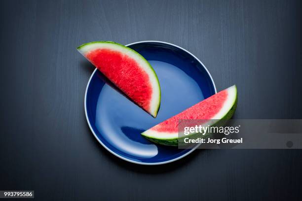two watermelon slices on a plate - jorg greuel stock pictures, royalty-free photos & images