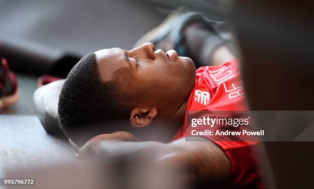 Georginio Wijnaldum of Liverpool training in the gym during their first day back at Melwood Training Ground on July 8, 2018 in Liverpool, England.