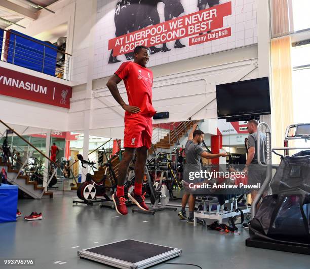 Georginio Wijnaldum of Liverpool training in the gym during their first day back at Melwood Training Ground on July 8, 2018 in Liverpool, England.