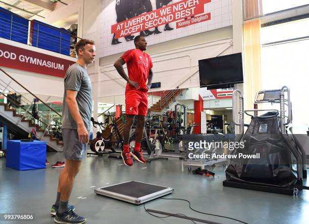 Georginio Wijnaldum of Liverpool training in the gym during their first day back at Melwood Training Ground on July 8, 2018 in Liverpool, England.