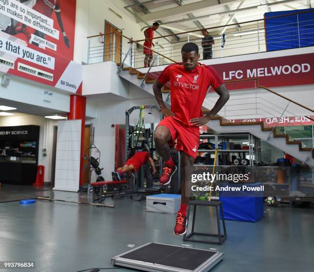 Georginio Wijnaldum of Liverpool training in the gym during their first day back at Melwood Training Ground on July 8, 2018 in Liverpool, England.