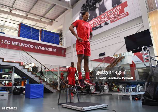 Virgil van Dijk of Liverpool training in the gym during their first day back at Melwood Training Ground on July 8, 2018 in Liverpool, England.