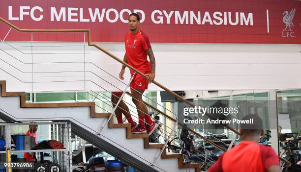 Virgil van Dijk of Liverpool training in the gym during their first day back at Melwood Training Ground on July 8, 2018 in Liverpool, England.