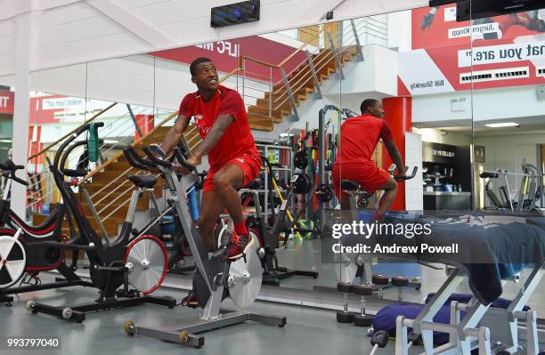 Georginio Wijnaldum of Liverpool training in the gym during his first day back at Melwood Training Ground on July 8, 2018 in Liverpool, England.