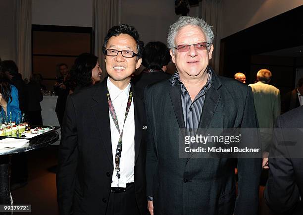 Producer Tetsu Fujimura and producer Jeremy Thomas attends the Tokyo International Film Festival Cocktails at the Majestic Hotel during the 63rd...
