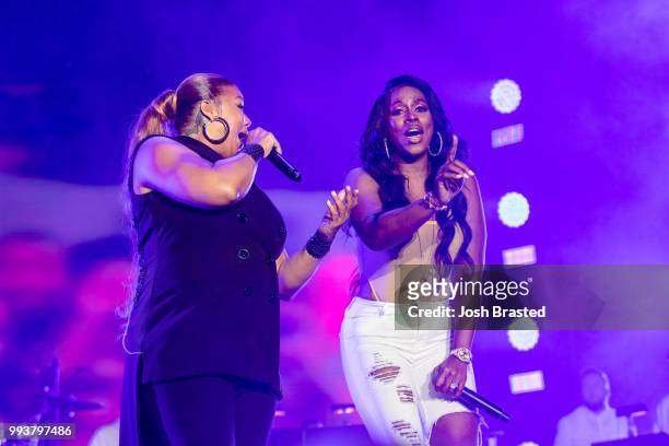 Queen Latifah and Rapper Remy Ma perform onstage during Queen Latifah's 'Ladies First' night at the 2018 Essence Festival at the Mercedes-Benz...