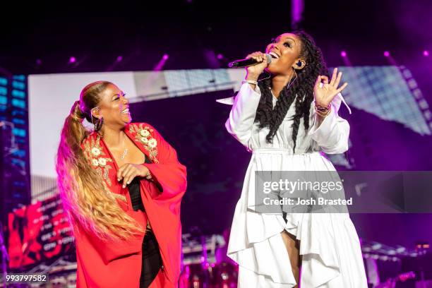 Queen Latifah and Brandy perform during Queen Latifah's 'Ladies First' night at the 2018 Essence Festival at the Mercedes-Benz Superdome on July 7,...