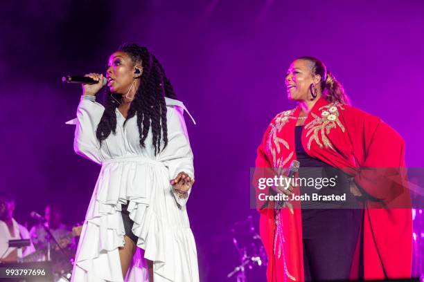 Brandy and Queen Latifah perform during Queen Latifah's 'Ladies First' night at the 2018 Essence Festival at the Mercedes-Benz Superdome on July 7,...
