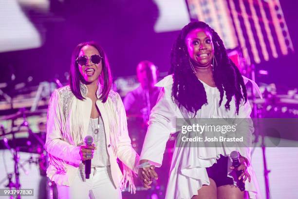 Lyte and Brandy perform during Queen Latifah's 'Ladies First' night at the 2018 Essence Festival at the Mercedes-Benz Superdome on July 7, 2018 in...