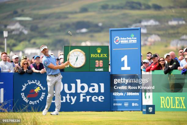 Raphael Jacquelin of France tees off on the 1st hole during the final round of the Dubai Duty Free Irish Open at Ballyliffin Golf Club on July 8,...