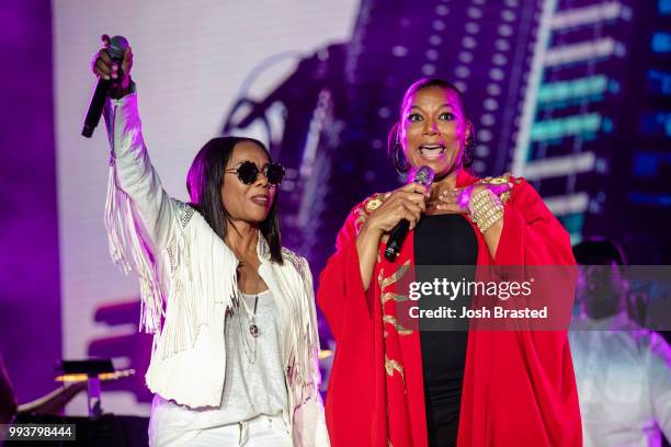 Lyte and Queen Latifah perform onstage during Queen Latifah's 'Ladies First' night at the 2018 Essence Festival at the Mercedes-Benz Superdome on...