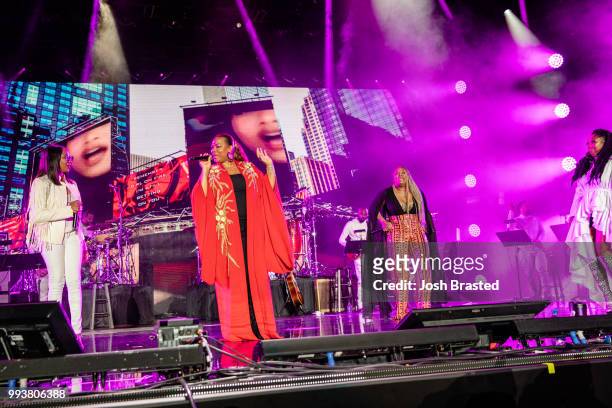 Lyte, Queen Latifah, Yo-Yo and Brandy perform onstage during Queen Latifah's 'Ladies First' night at the 2018 Essence Festival at the Mercedes-Benz...
