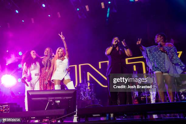 Cheryl James, Yo-Yo, Cheryl James, Queen Latifah and Roxanne Shante perform onstage during Queen Latifah's 'Ladies First' night at the 2018 Essence...