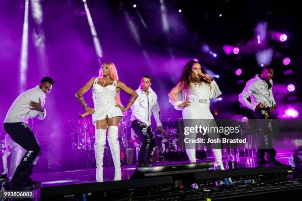 Sandra Denton and Cheryl James of Salt-N-Pepa perform onstage during Queen Latifah's 'Ladies First' night at the 2018 Essence Festival at the...