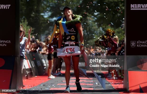 Lisa Norden of Sweden celebrates winning the women's race at Ironman 70.3 Jonkoping on July 8, 2018 in Jonkoping, Sweden.