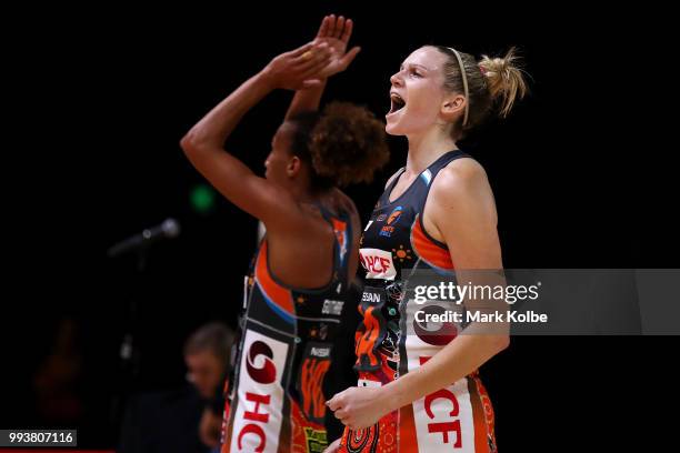 Jo Harten of the Giants celebrates victory during the round 10 Super Netball match between the Giants and the Swifts at the International Convention...