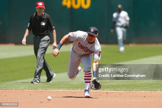 Second baseman Jose Pirela of the San Diego Padres fields a ball hit by Matt Joyce of the Oakland Athletics in the first inning at Oakland Alameda...