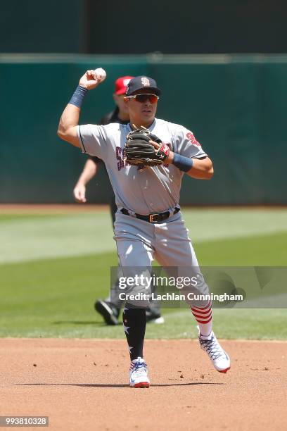 Second baseman Jose Pirela of the San Diego Padres fields a ball hit by Matt Joyce of the Oakland Athletics in the first inning at Oakland Alameda...